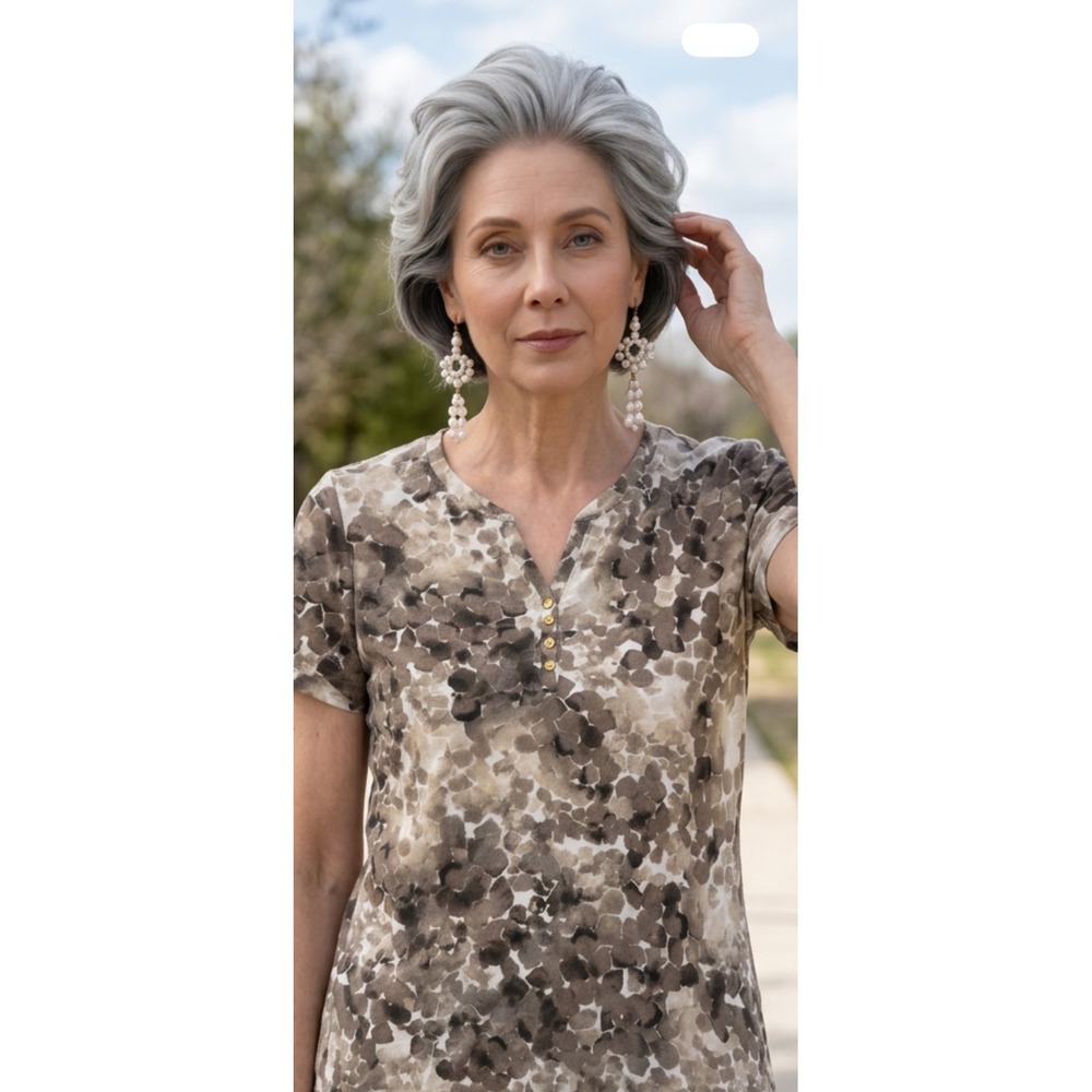 Karen Scott Womens Brown Abstract Print Henley Short Sleeve Top Size M